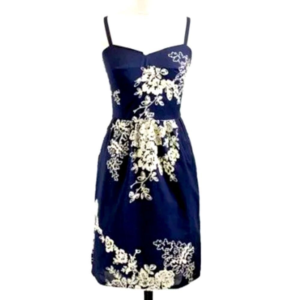 J.CREW Women's Navy Blue Ivory Mirabel Lawn Embroidered Floral Mini Dress Size 6